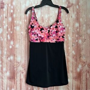 Calypso Cove Pink Floral Print Black Swim Dress Size 12 NWOT